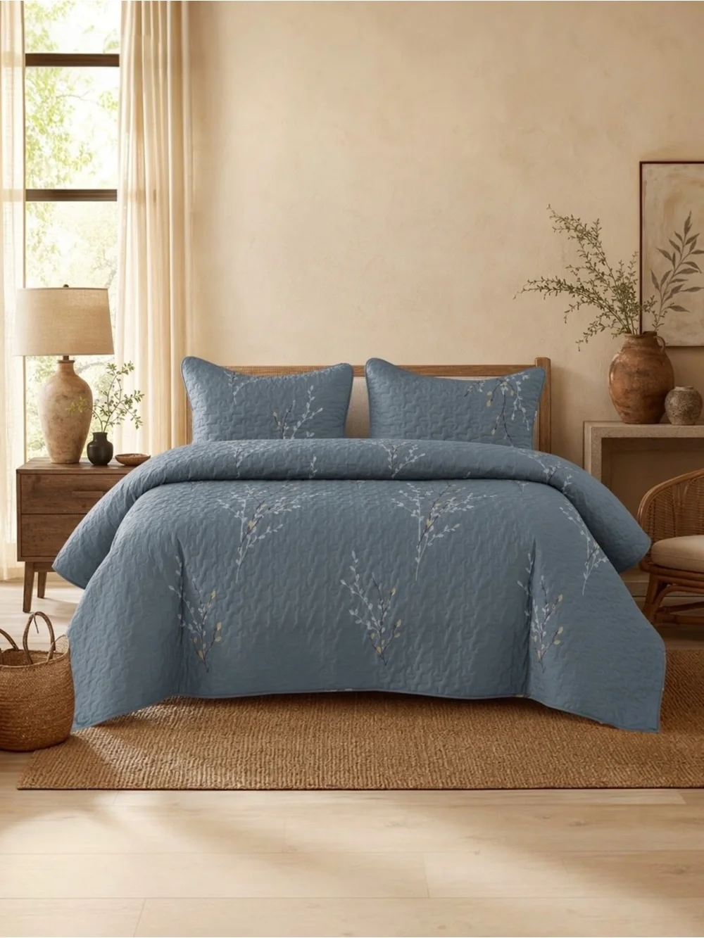 NEW West Elm Blue Queen King Floral Embroidered Bedspread Quilt Pillow Case Set